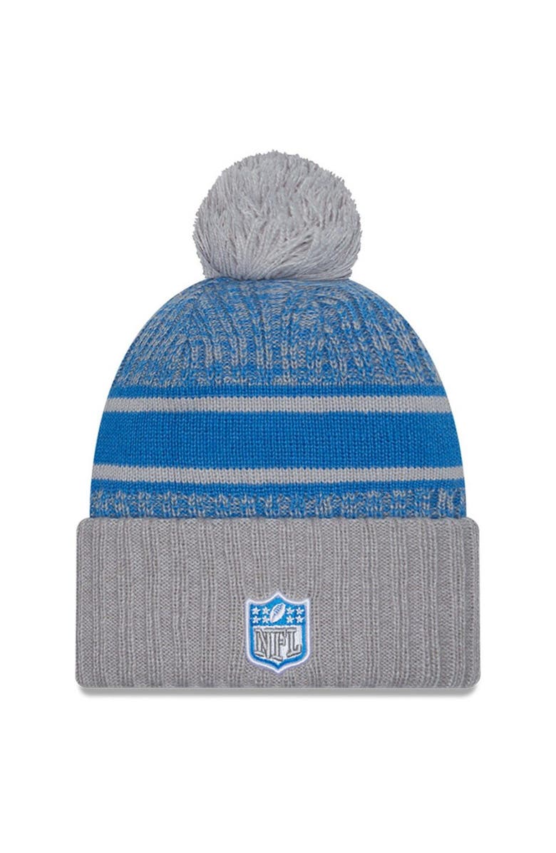 New Era Men's New Era  Blue/Gray Detroit Lions 2023 Sideline Sport Cuffed Pom Knit Hat, Alternate, color, 