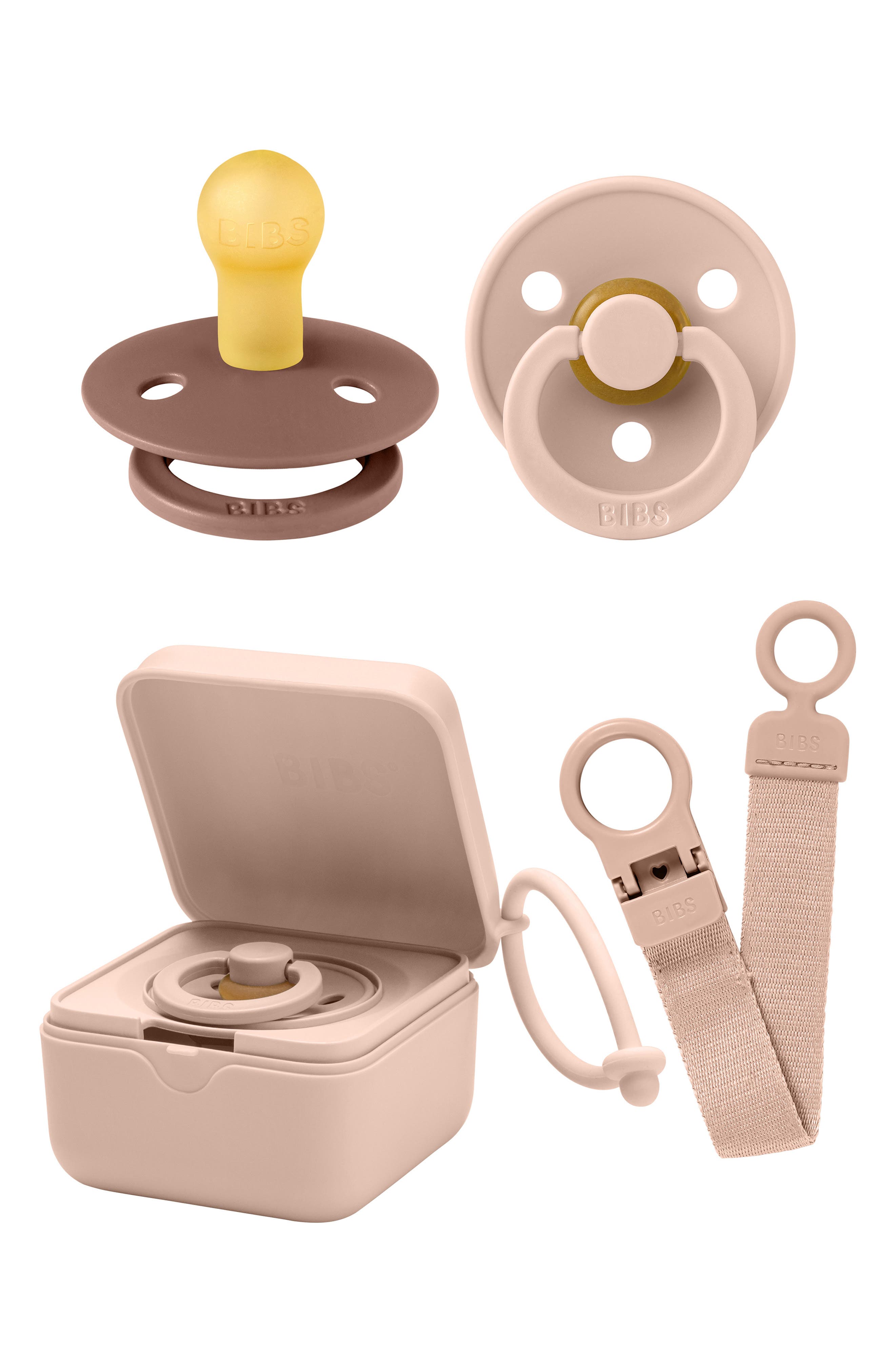 BIBS Pacifer, Pacifier Box & Pacifier Clip Set in Woodchuck/Blush 