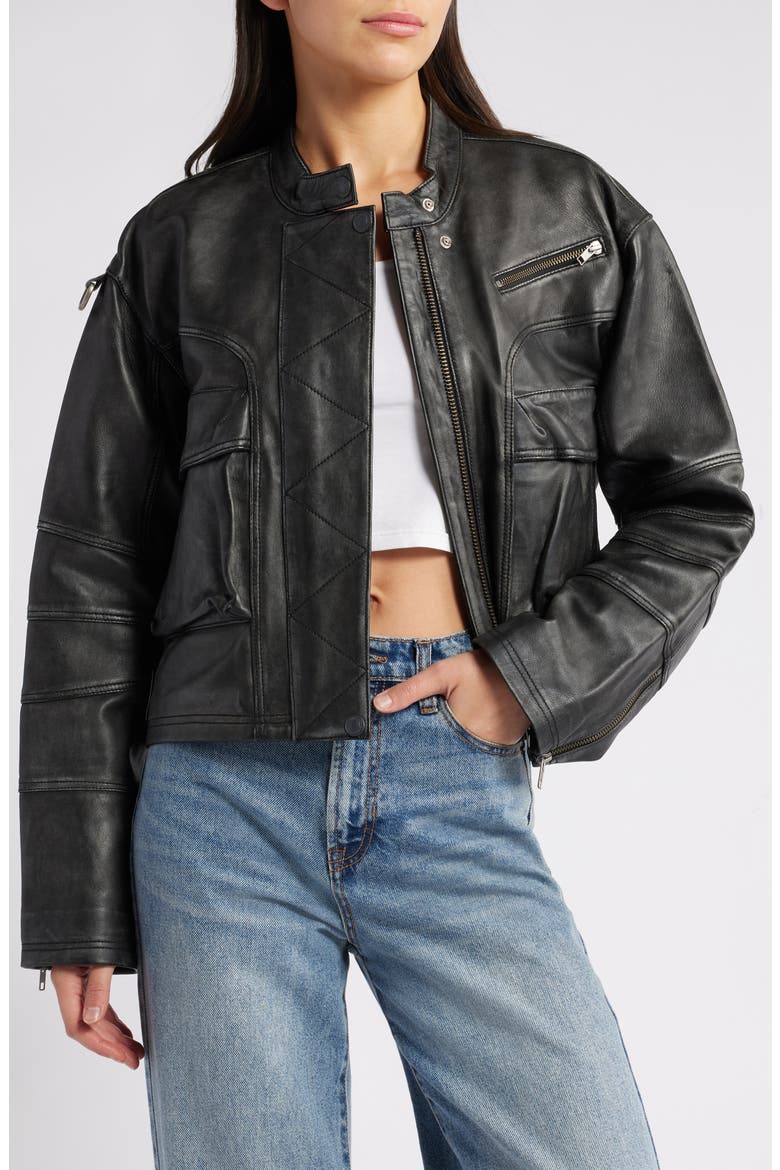 Adrienne Leather Bomber Jacket, Main, color, BLACK