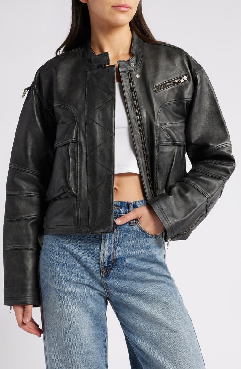 Free People Adrienne Leather Bomber Jacket, Main, color, Black