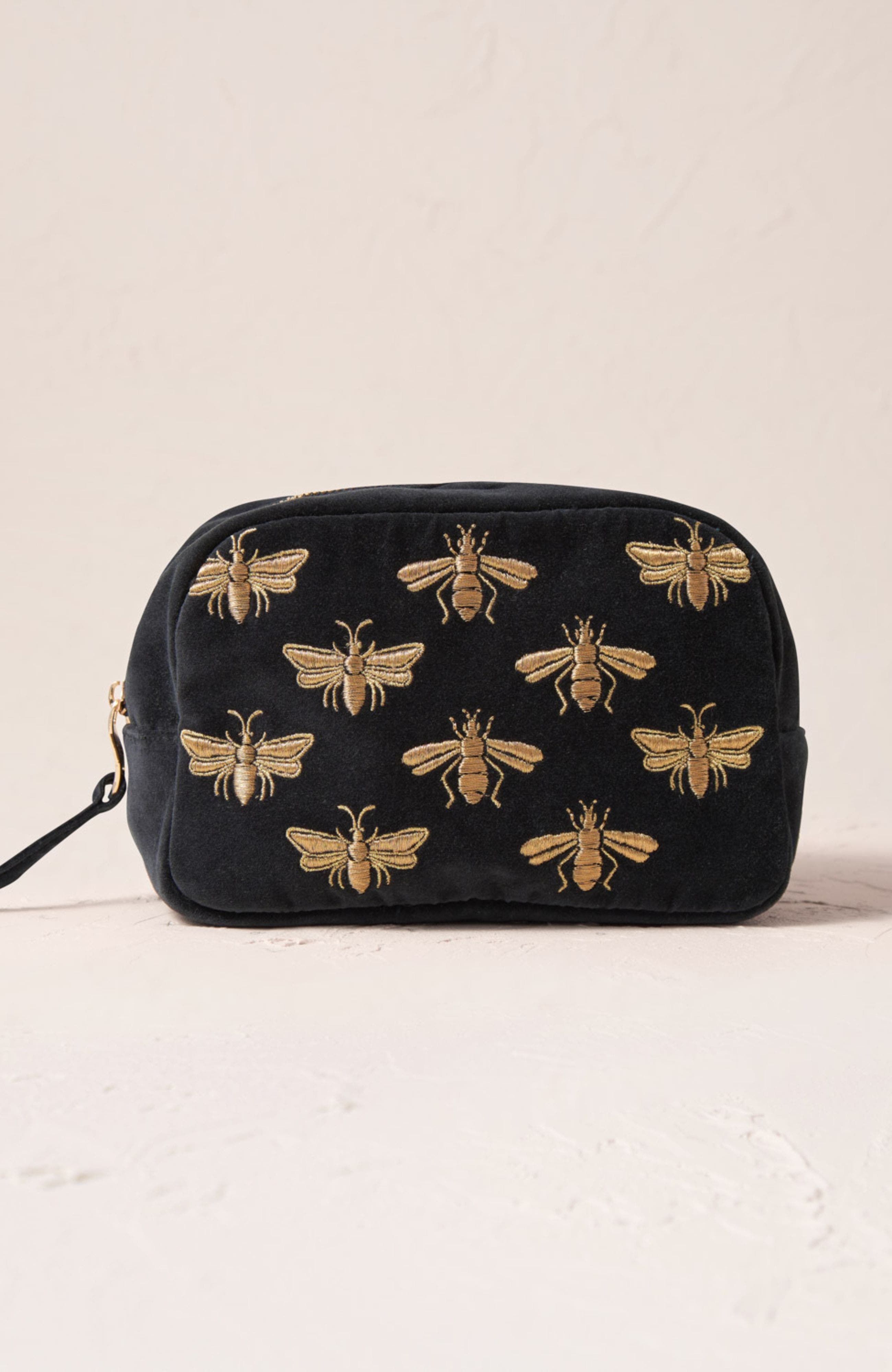 Honey Bee Velvet Makeup Bag, Main, color, Charcoal