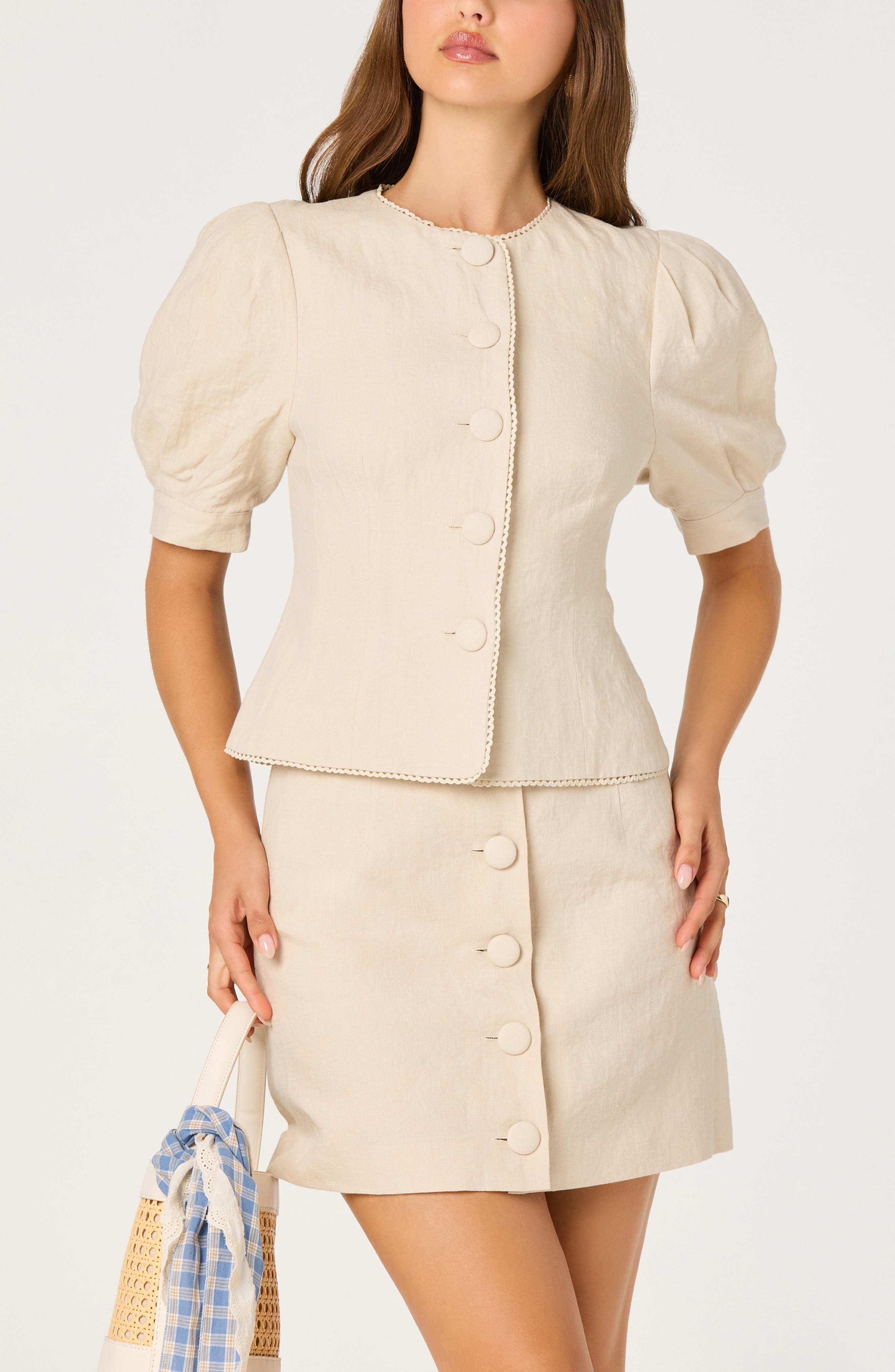 Cailey Puff Sleeve Crochet Trim Button-Up Top