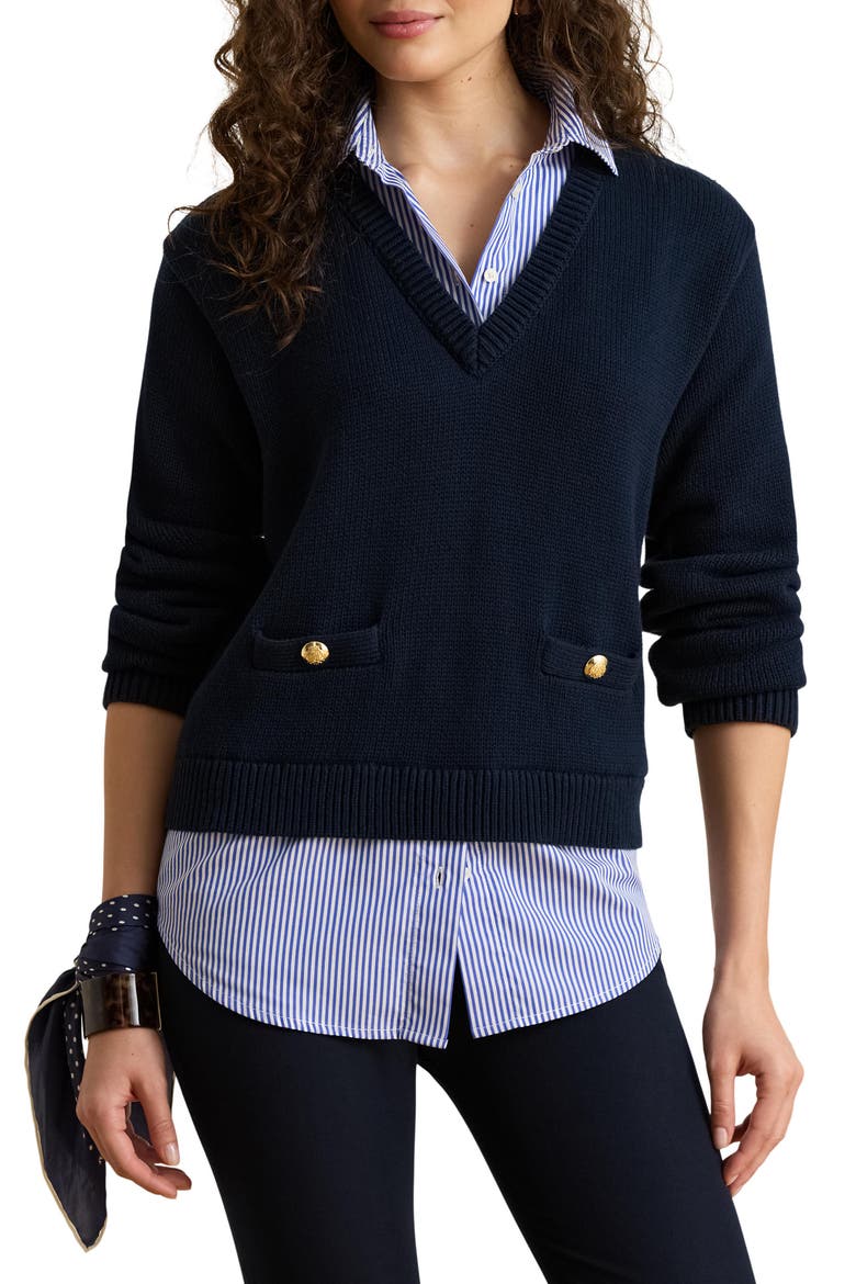 Layered Mixed Media Sweater, Main, color, LAUREN NAVY BLUE/ MULTI