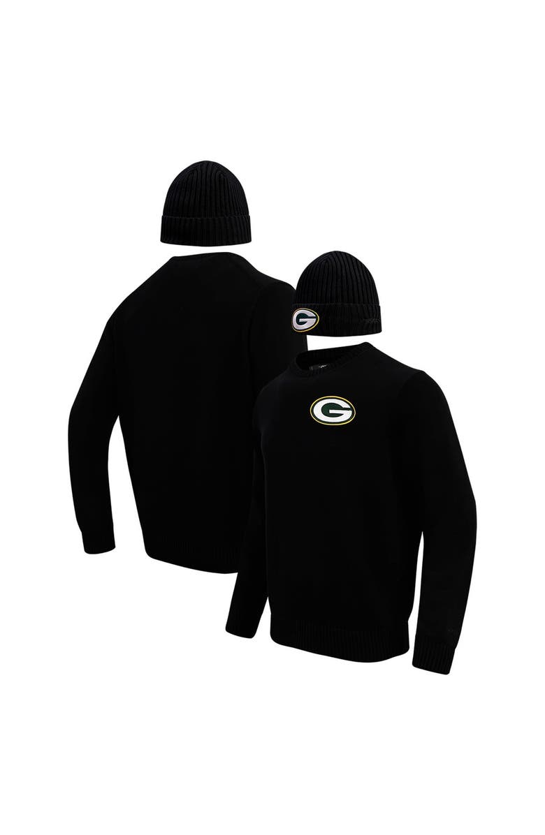 PRO STANDARD Men's Pro Standard Black Green Bay Packers Crewneck Pullover Sweater & Cuffed Knit Hat Box Gift Set, Main, color, Black