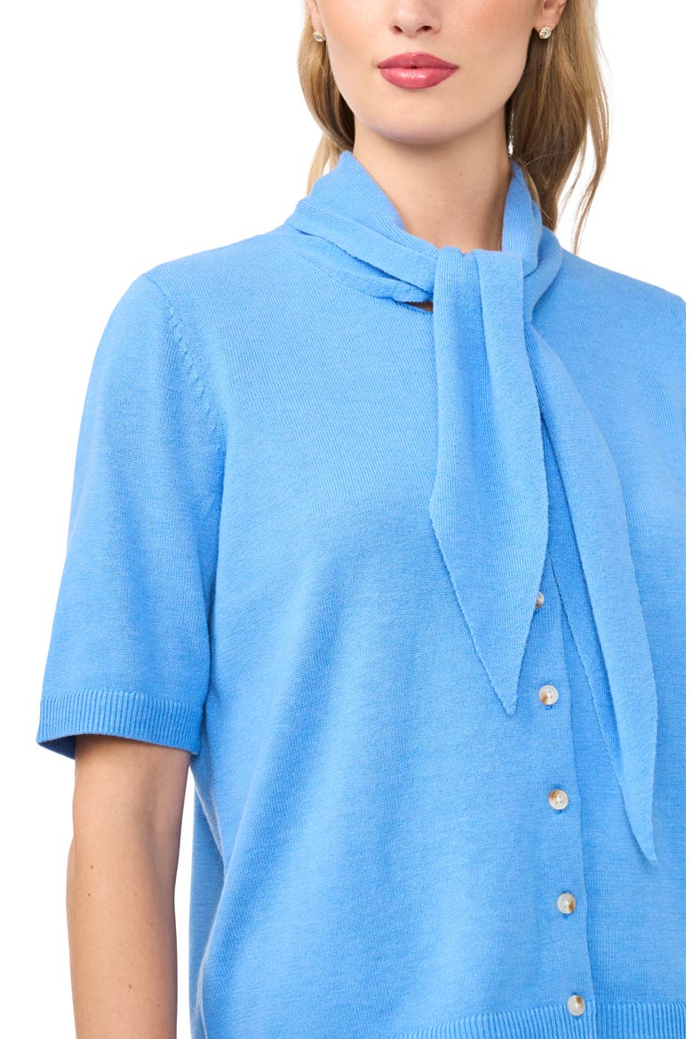 Tie Neck Short Sleeve Cardigan, Alternate, color, OCEAN FROST