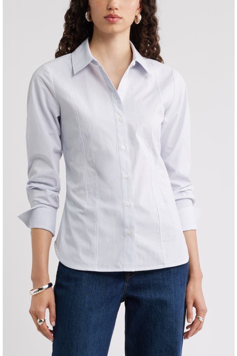 Poplin Waisted Button Down Shirt, Main, color, BLUE- WHITE STRIPE