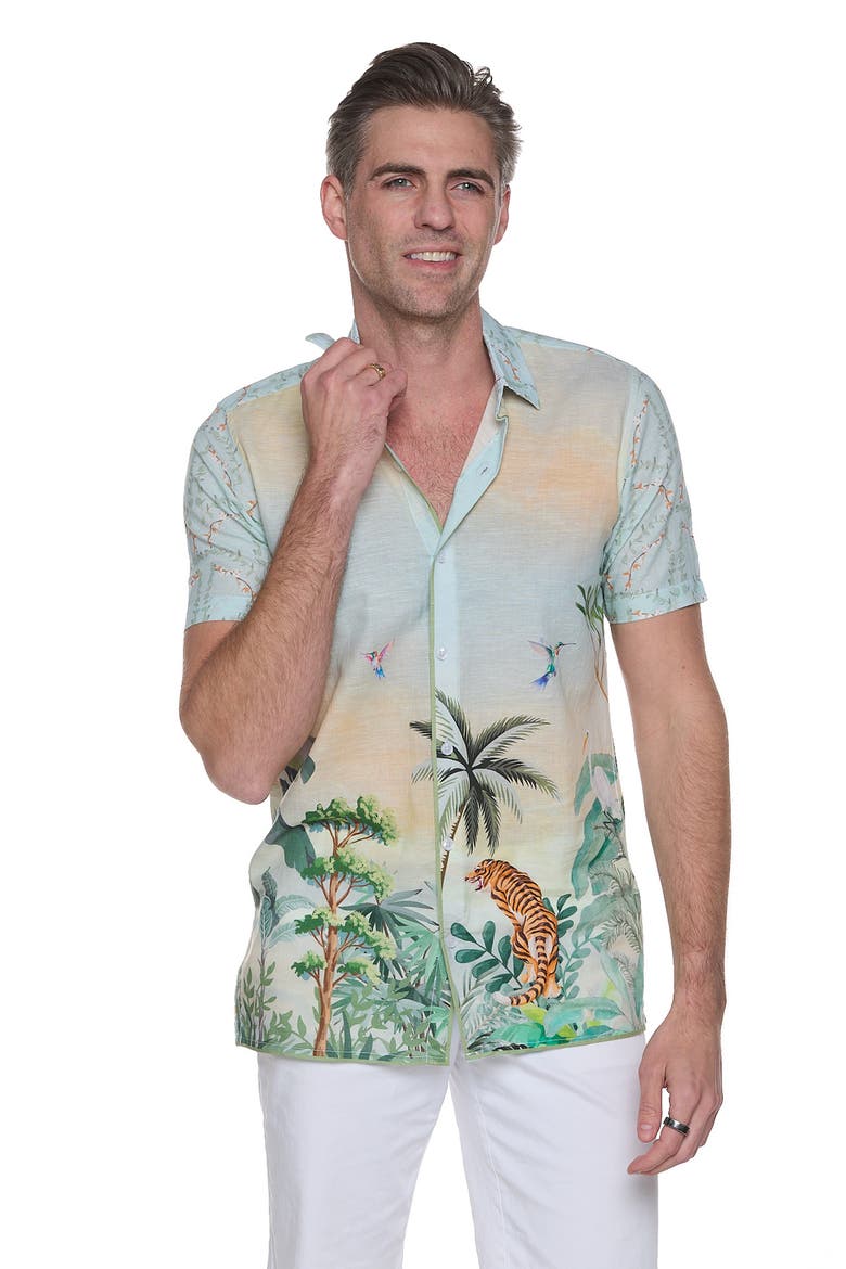 Printed Linen & Cotton Shirt, Alternate, color, BEIGE