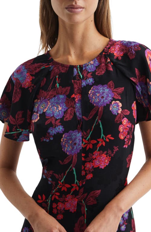 Reiss Leni Floral Print Cap Sleeve Midi Dress In Black