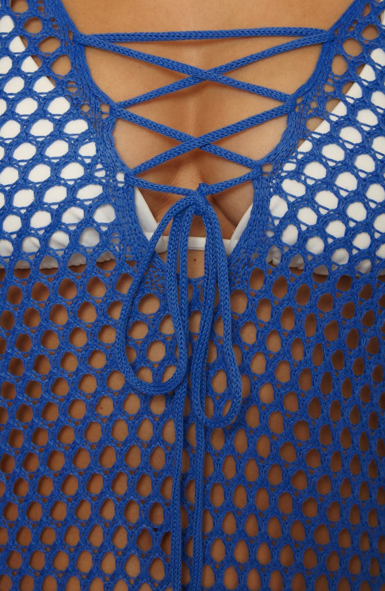 Becca Treasure Island Long Sleeve Reversible Open Knit Cover-Up Tunic, Alternate, color, Lapis