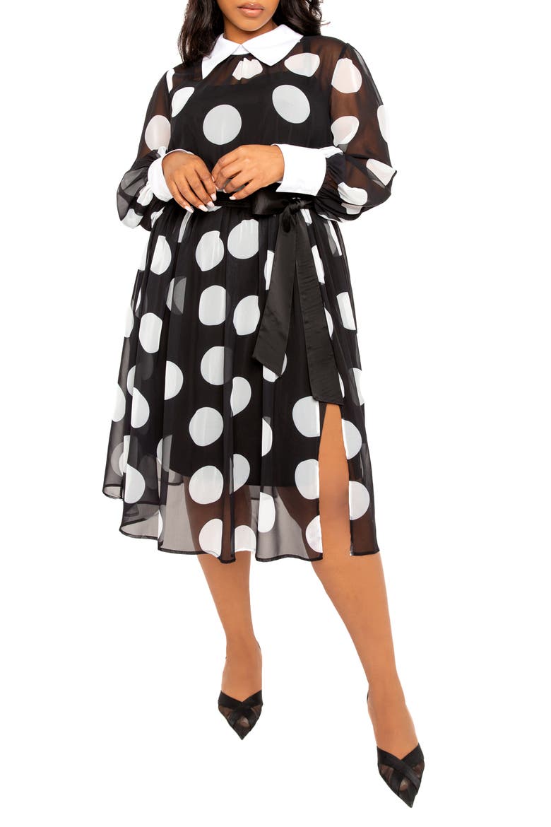 Polka Dot Long Sleeve Chiffon Shirtdress, Main, color, BLACK