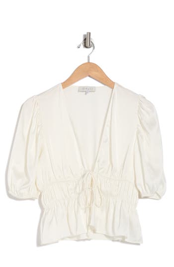 Wayf Puff Sleeve Tie Front Satin Top In Ivory