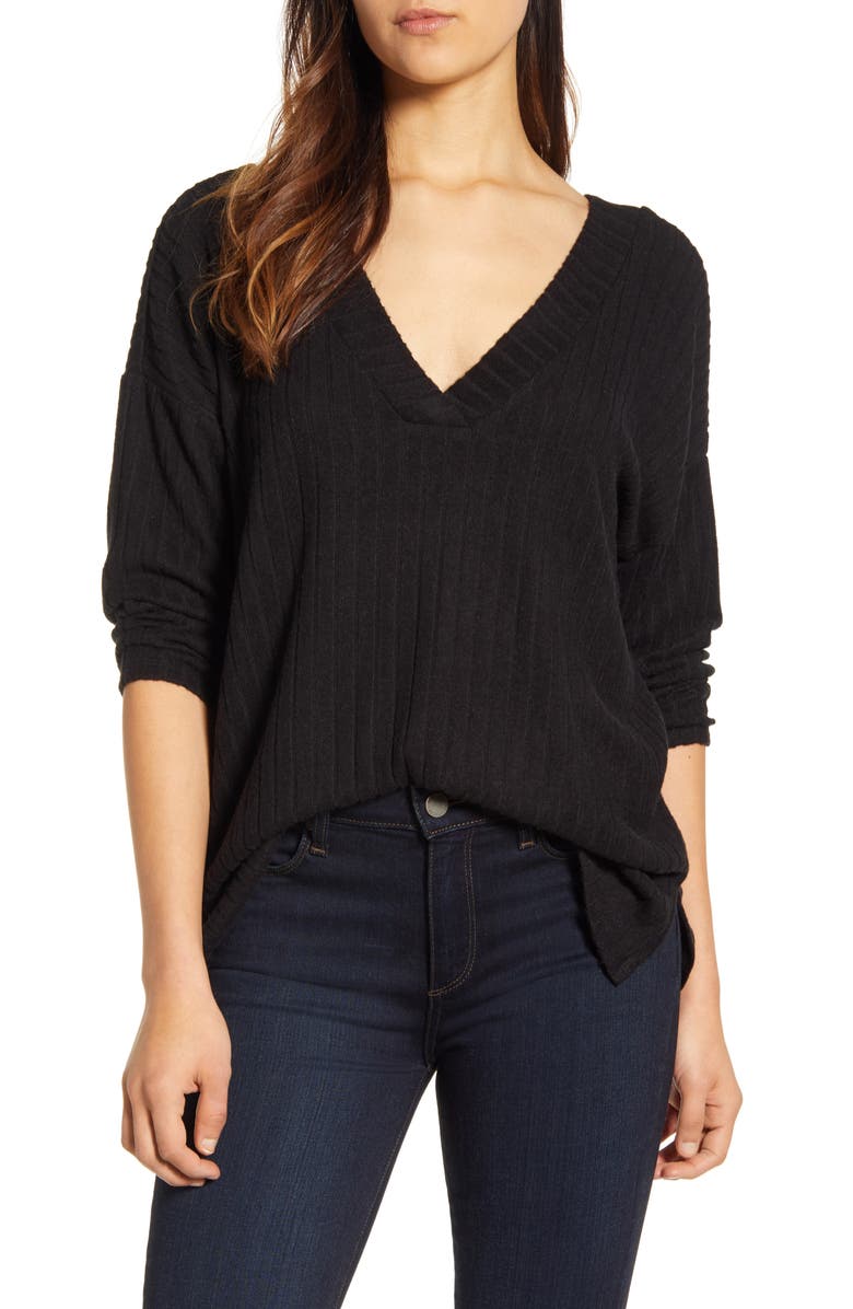 Bobeau Ribbed Knit Double V-Neck Top, Main, color,