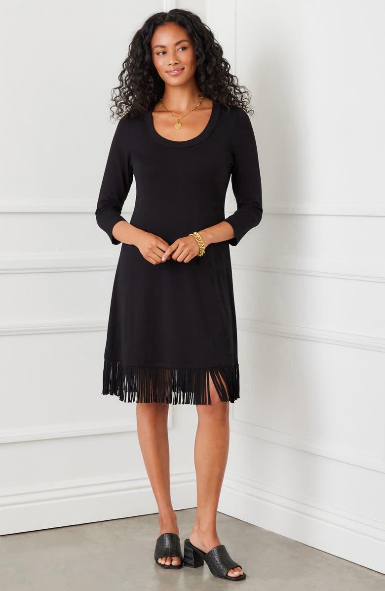 Karen Kane Fringe Trim Scoop Neck Dress, Alternate, color, Black