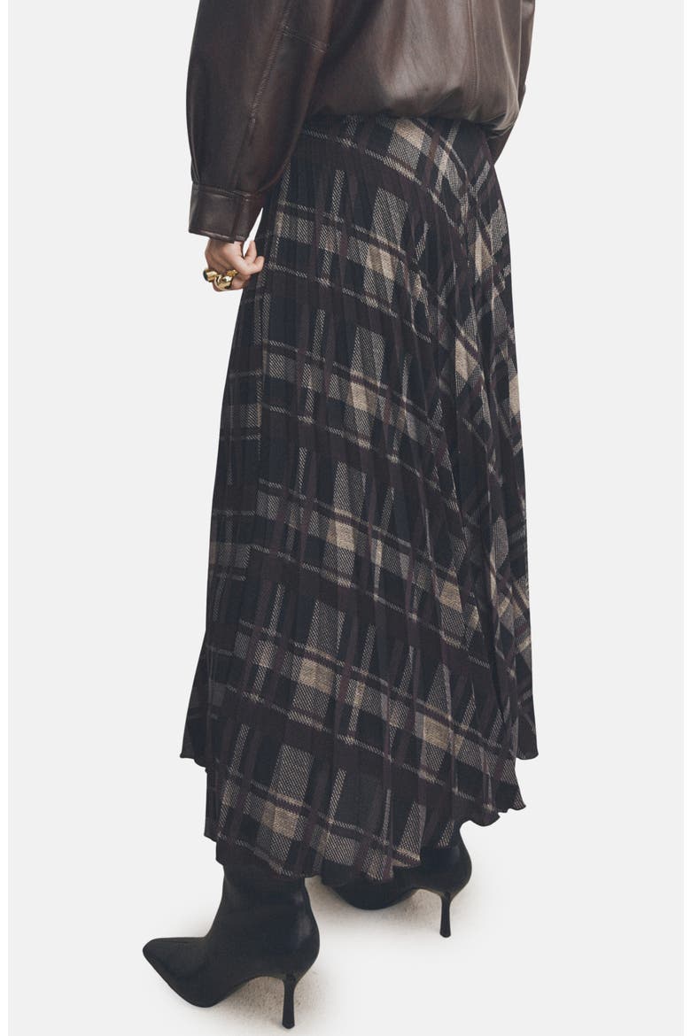 Check Pleated Midi Skirt, Alternate, color, BROWN