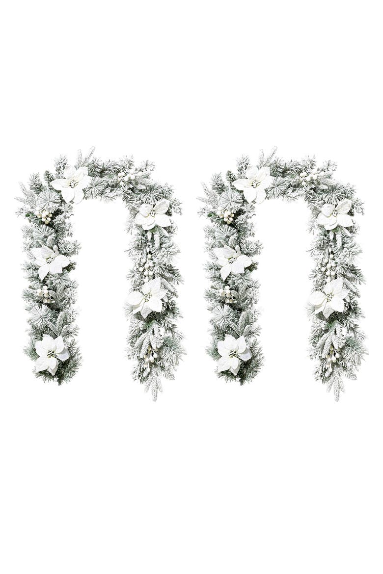 Set of 2 Artificial Poinsettia Christmas Garland with Lights and Timer, Alternate, color, White
