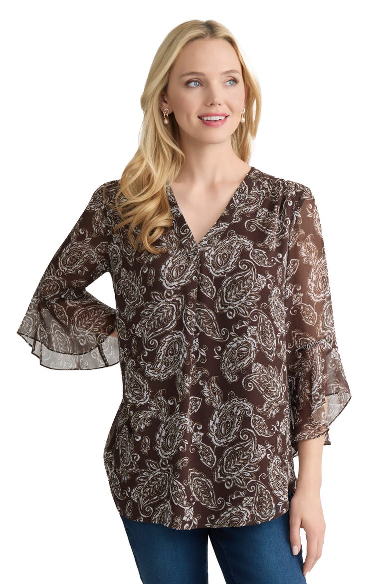 Flutter Sleeve Paisley Top, Alternate, color, FUDGE/ WHITE SAND MULTI