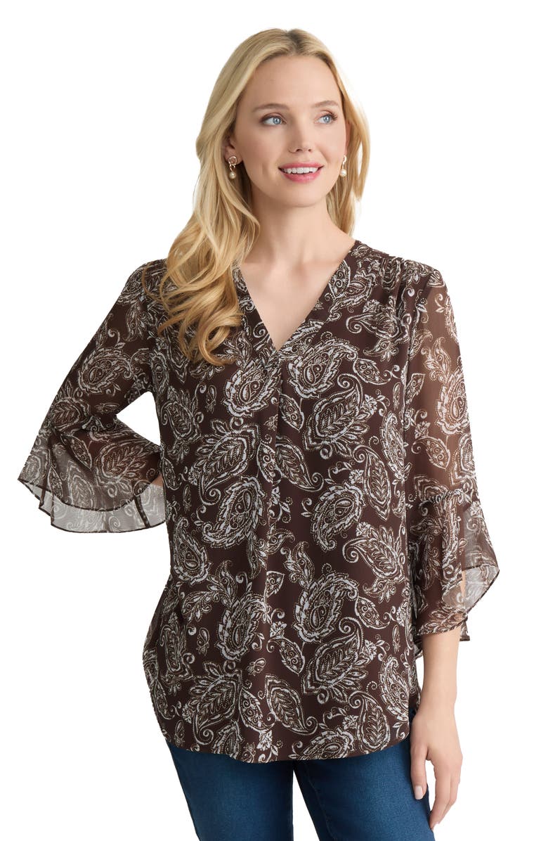 Jones New York Flutter Sleeve Paisley Top, Alternate, color, Fudge/ White Sand Multi