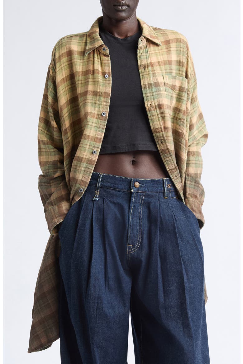 Draped Front Ombre Plaid Shirt, Main, color, KHAKI TO BROWN OMBRE PLAID