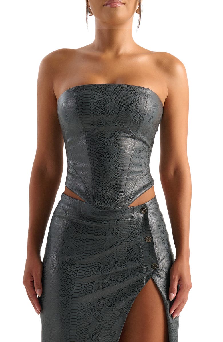 Naked Wardrobe Snakeskin Embossed Lace-Up Strapless Faux Leather Corset Top, Main, color,