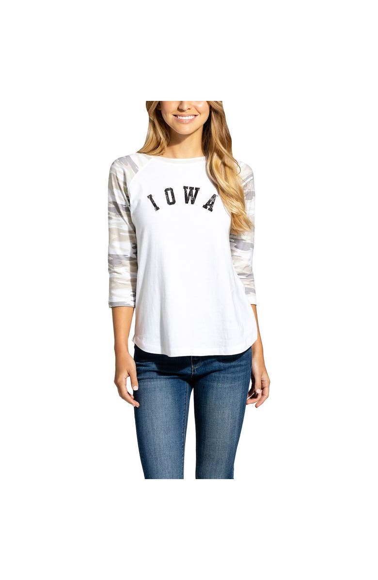 CAMP DAVID Women's White/Camo Iowa Hawkeyes Boyfriend Baseball Raglan 3/4-Sleeve T-Shirt, Alternate, color, White