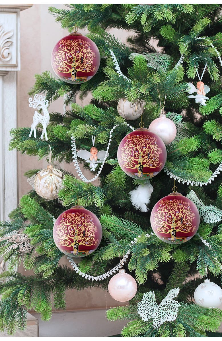 OVERSTOCK ART "Tree of Life (Burgundy)" Gustav Klimt Hand Painted Glass Ornament Collection - Set of 4, Alternate, color, 