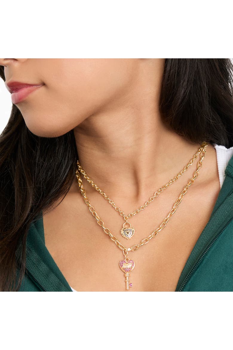 Key Charm Layered Necklace and Lock Earring Set, Alternate, color, Gold Tone