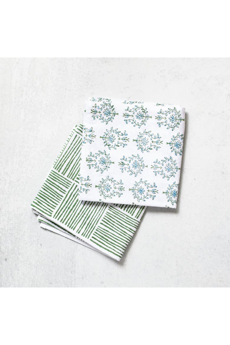 Tea Towel Set - Lotus & Stripe, Alternate, color, Sage