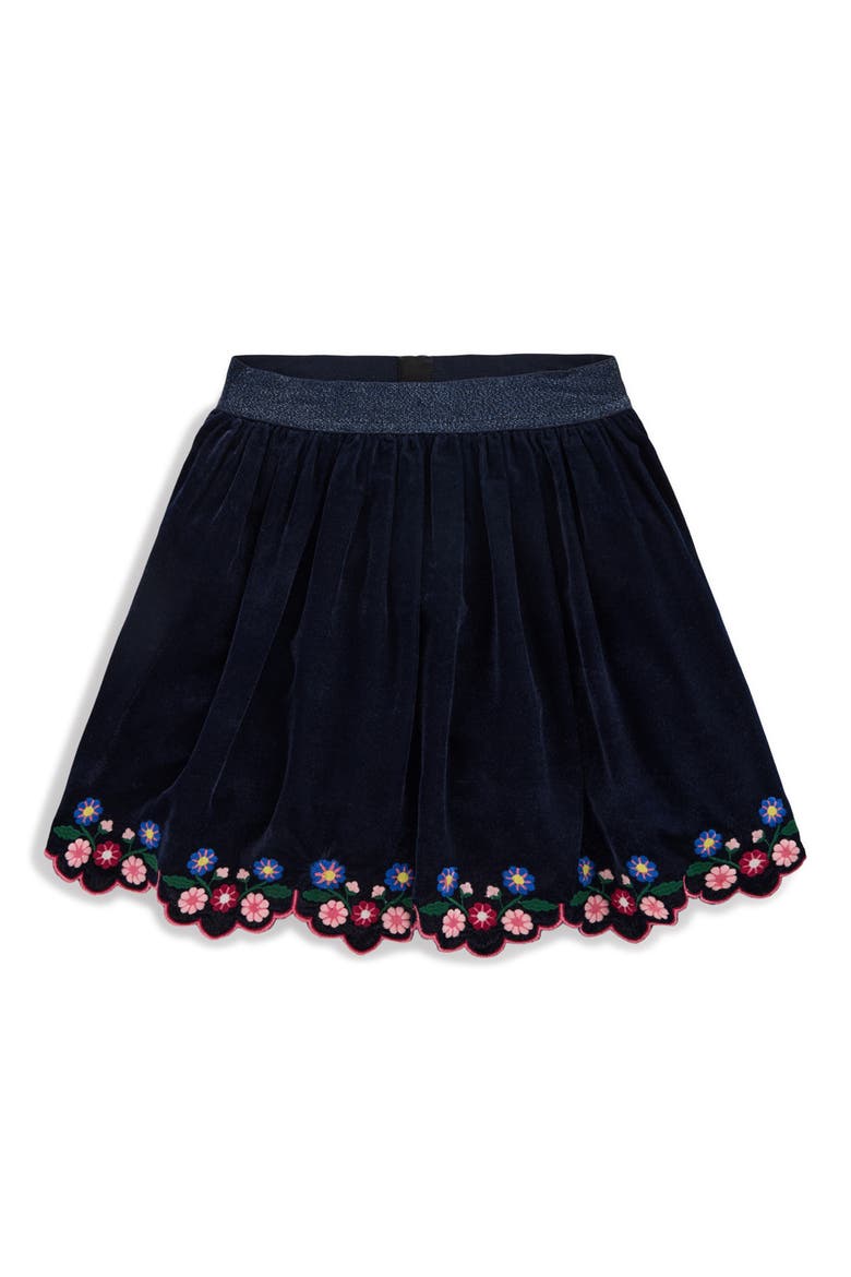 Kids' Scalloped Hem Velvet Skirt, Main, color, NAVY EMBROIDERY
