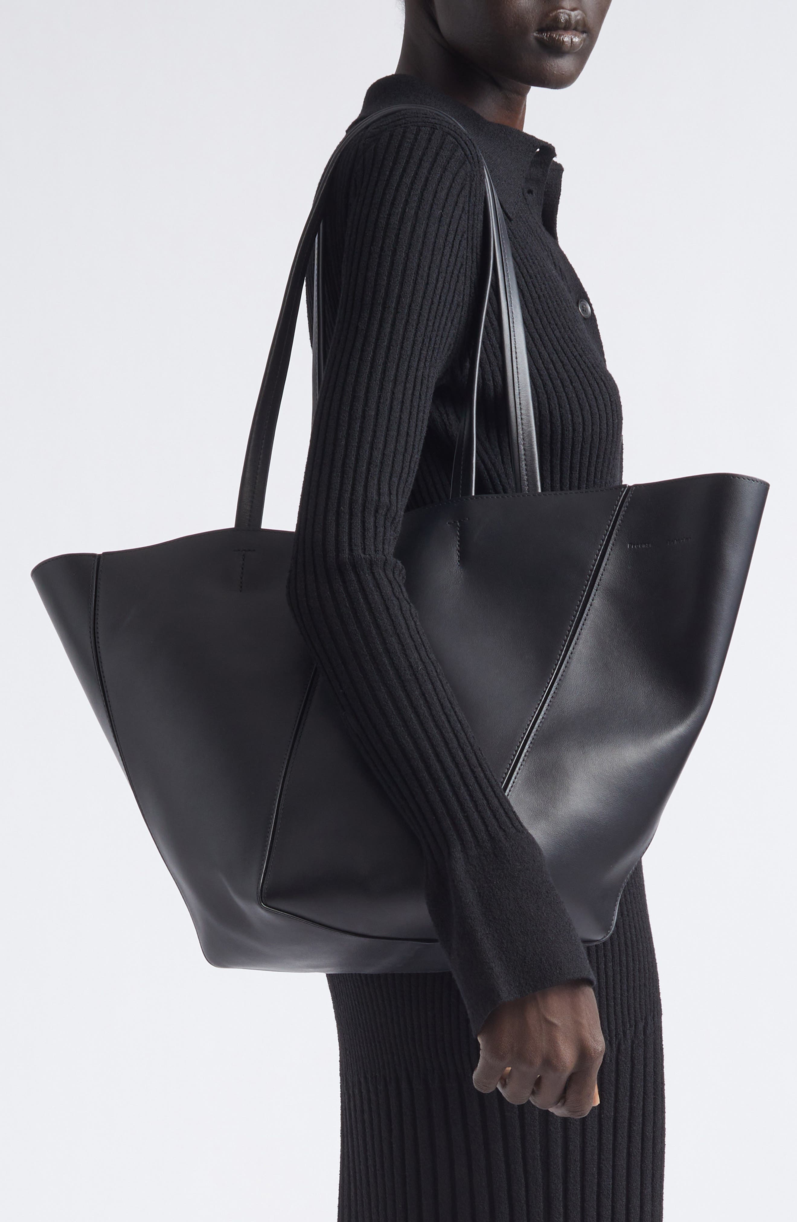 Hex Calfskin Leather Tote, Alternate, color, BLACK