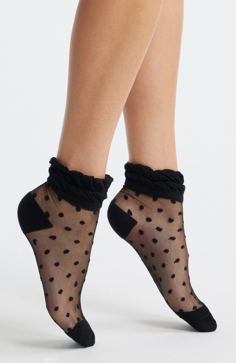 Stems Pippa Ruffle Dot Quarter Socks, Main, color, Black