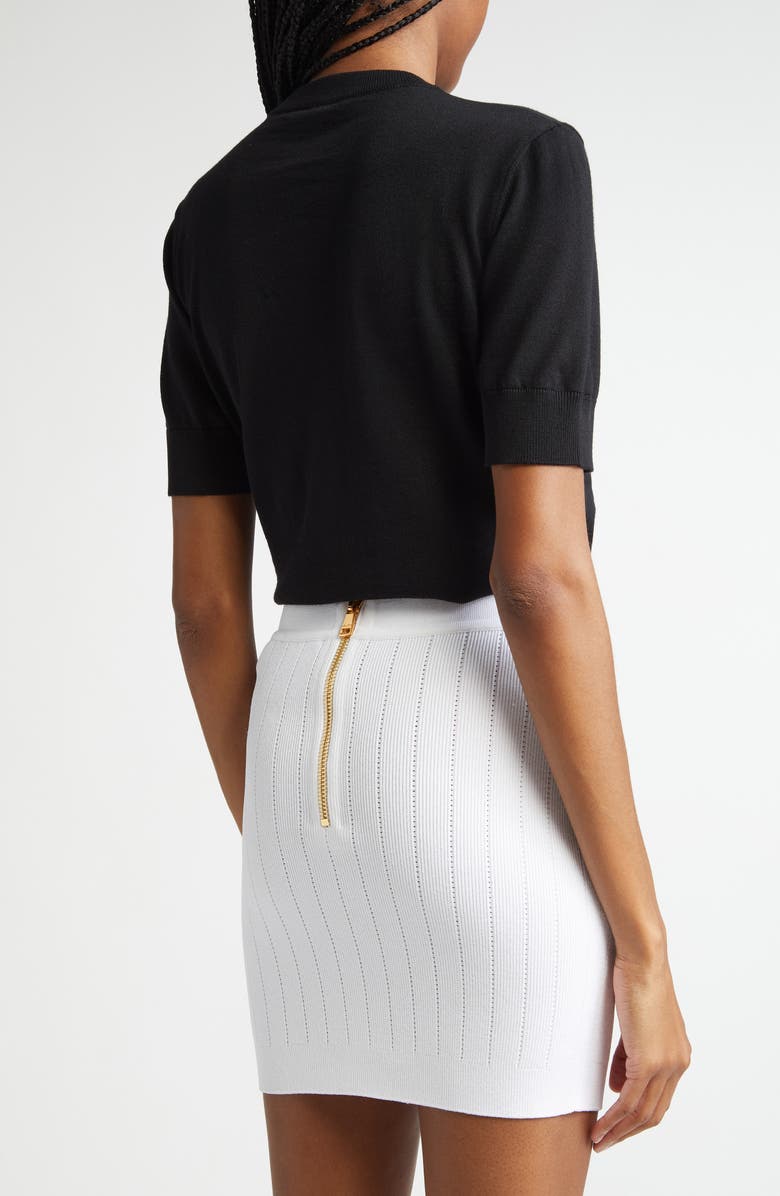 Balmain Logo Jacquard Short Sleeve Merino Wool Sweater, Alternate, color, 