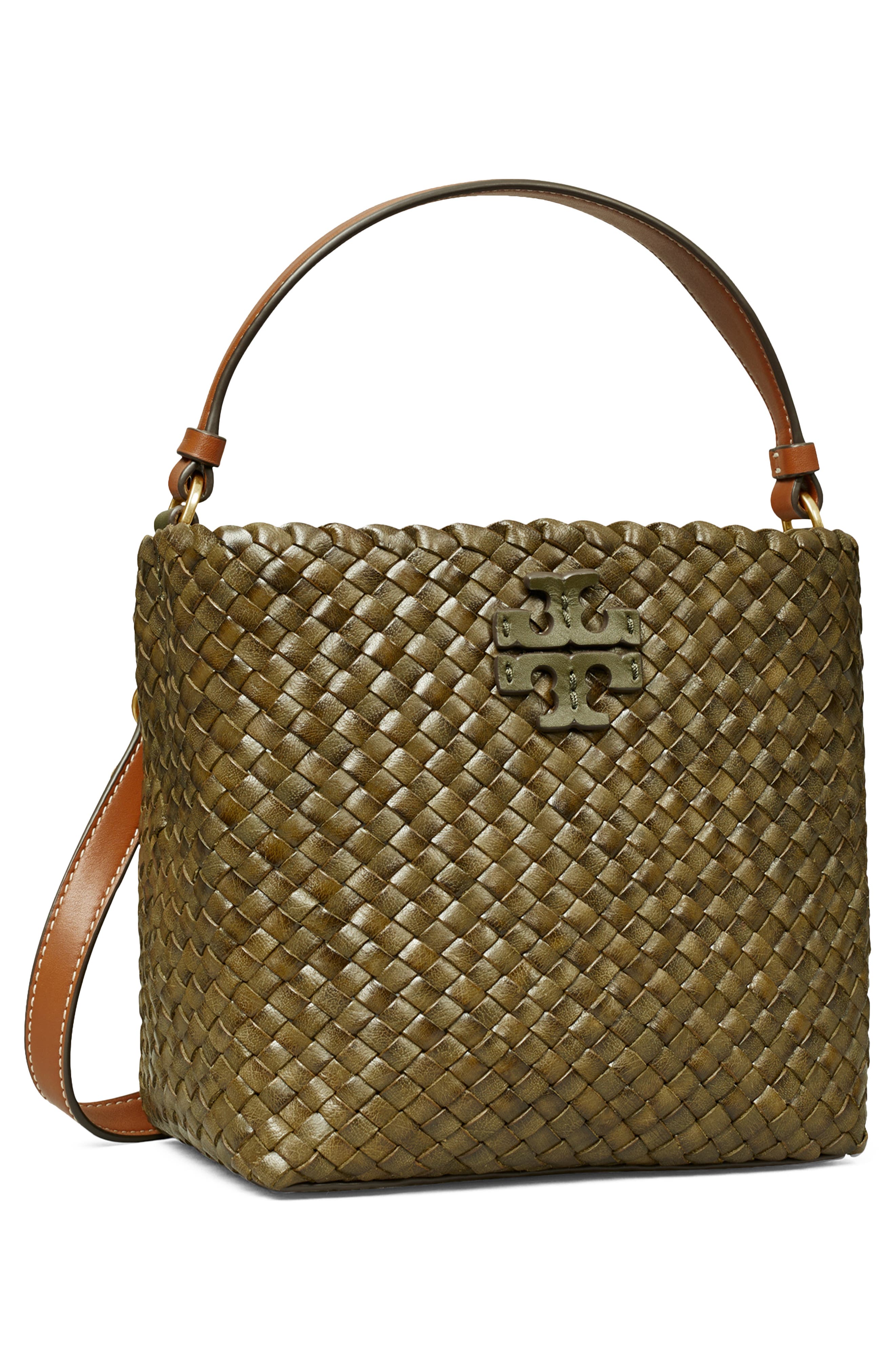 Tory Burch McGraw Dragon Woven Leather Bucket Bag, Alternate, color, 