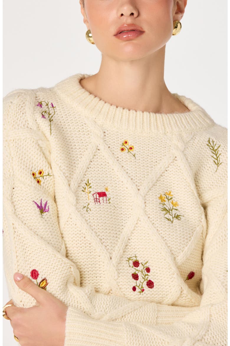 Rose Embroidered Diamond Cable Sweater, Alternate, color, IVORY