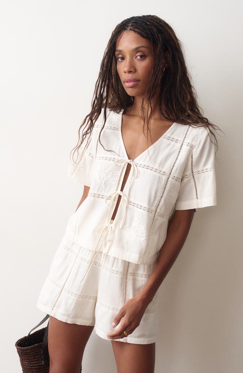 Marine Layer Marella Embroidered Detail Tie Front Top, Alternate, color, Antique White