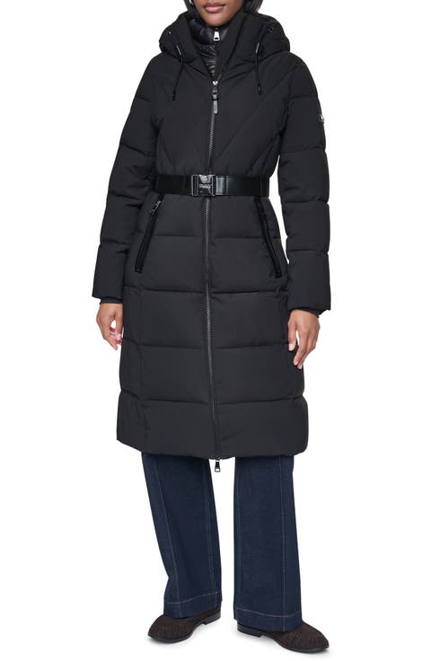 Water Resistant Belted Long Puffer Coat with Bib