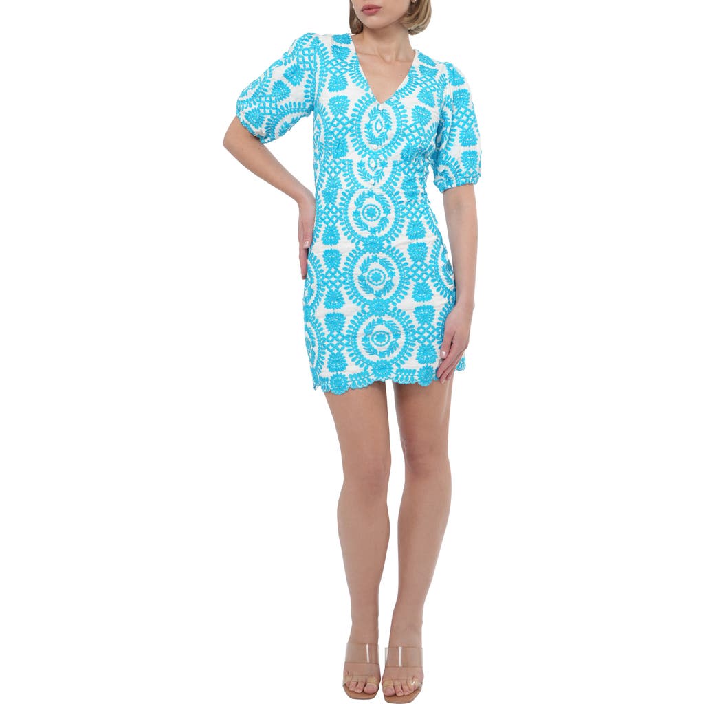 Shop Adelyn Rae Rosemary Eyelet Embroidery Minidress In White/blue