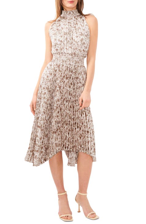 Floral Pleated Sharkbite Hem Dress