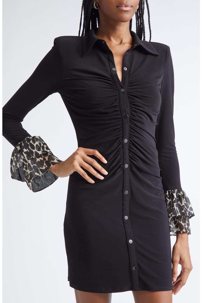 Arden Long Sleeve Ruched Mini Shirtdress, Alternate, color, BLACK / BONE FOLIAGE