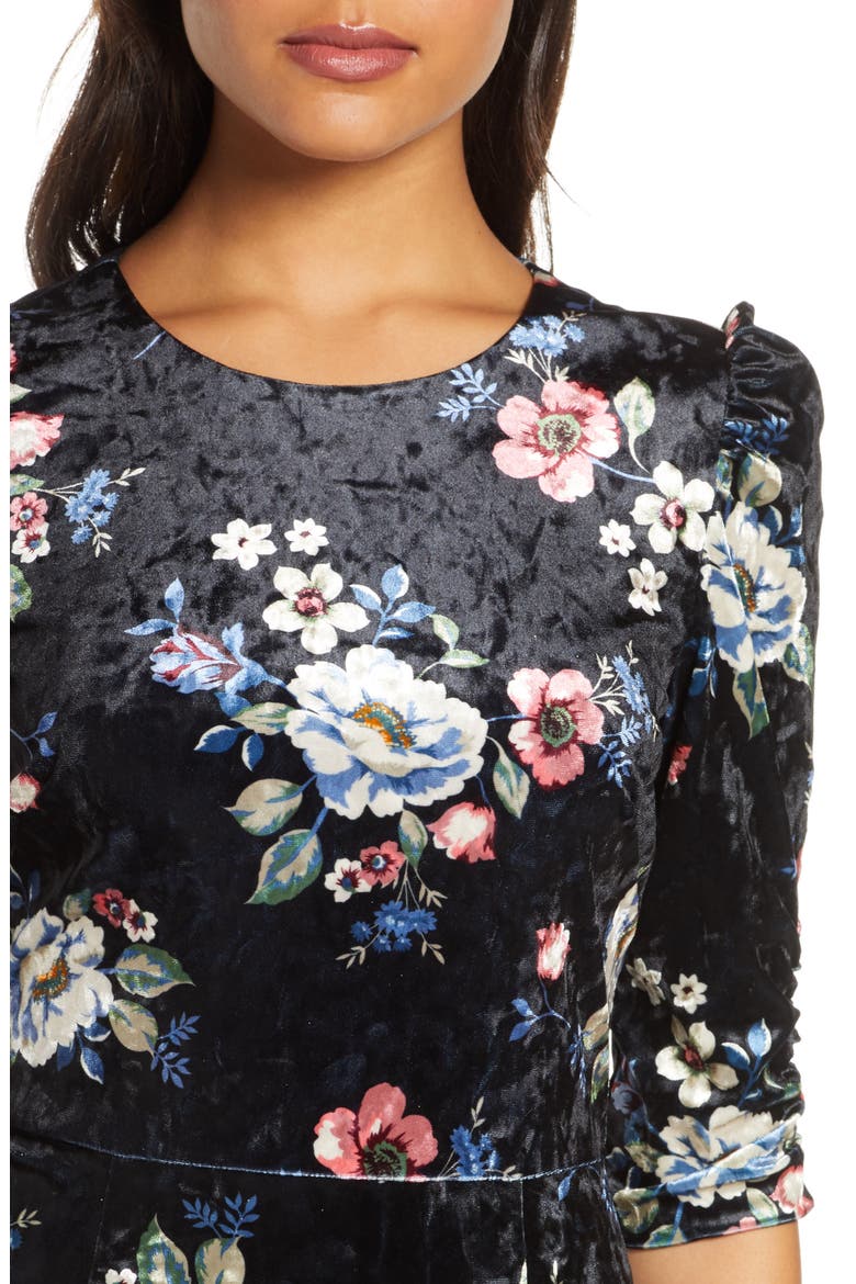 Floral Velvet Midi Dress, Alternate, color, BLACK