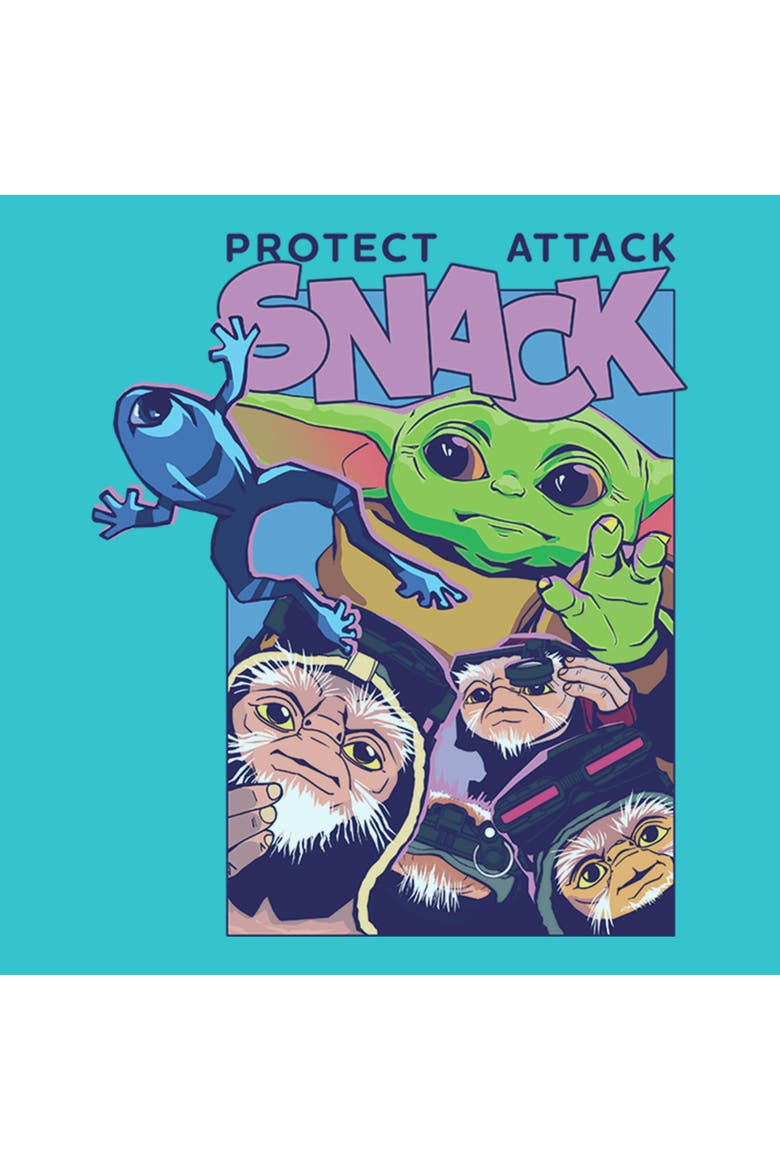 Girls Star Wars The Mandalorian and Grogu Protect Attack Snack Collage T Shirt, Alternate, color, Tahiti Blue