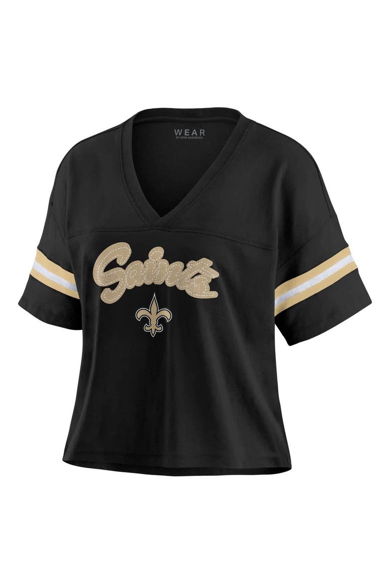 Women's WEAR by Erin Andrews Black New Orleans Saints Plus Size Color Block Boxy V-Neck T-Shirt, Alternate, color, Black