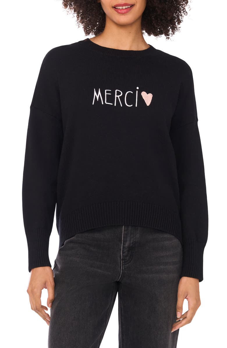 CeCe Merci Heart Cotton Sweater, Main, color, Rich Black