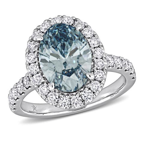 Blue & White Lab-Grown Diamond Halo Ring 14k