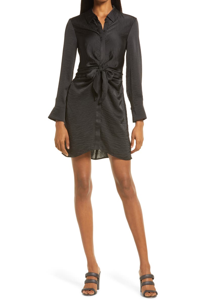 Steve Madden Tie Waist Long Sleeve Satin Shirtdress, Main, color, 