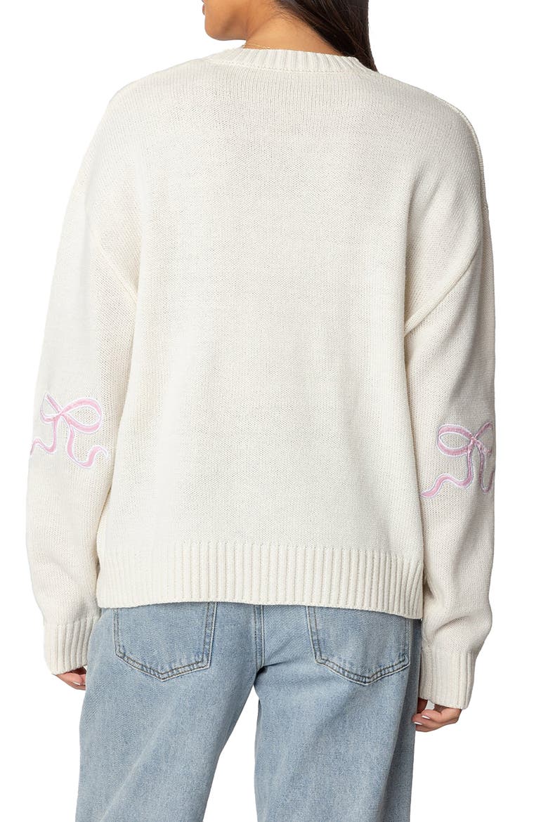 Rutie Bow Appliqué Crewneck Sweater, Alternate, color, WHITE