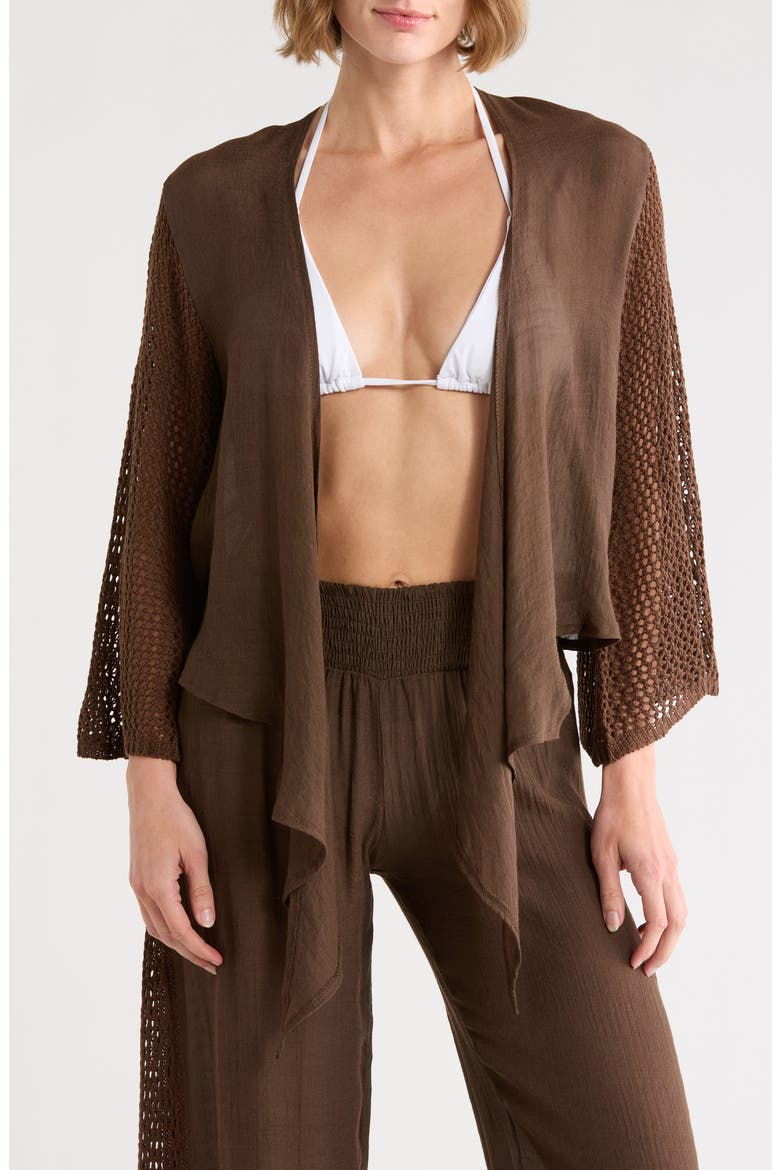 Tie Front Bell Sleeve Cover-Up Top, Main, color, CHOCOLATE
