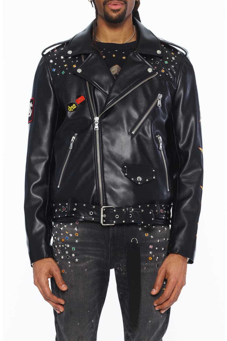 Stars Leather Moto Jacket, Main, color, BLACK