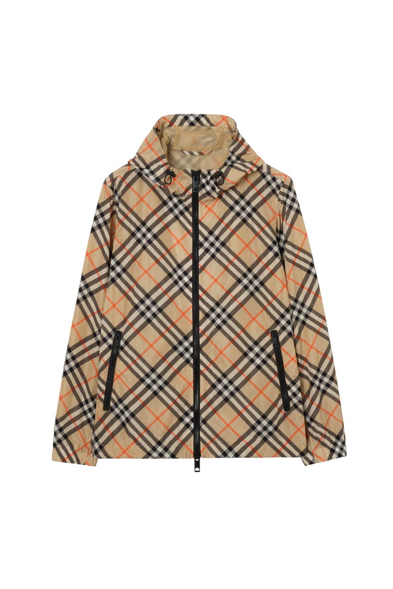 Check Nylon Hooded Jacket, Main, color, Sand beige