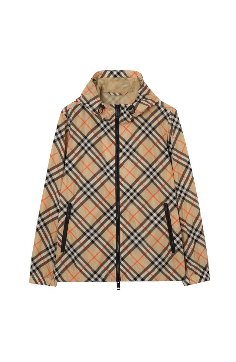Burberry Check Nylon Hooded Jacket, Main, color, Sand Beige