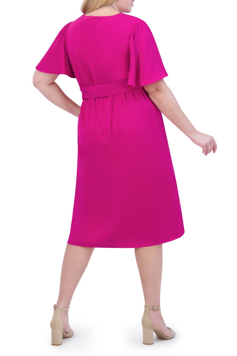Flutter Sleeve Faux Wrap Satin Midi Dress, Alternate, color, MAGENTA